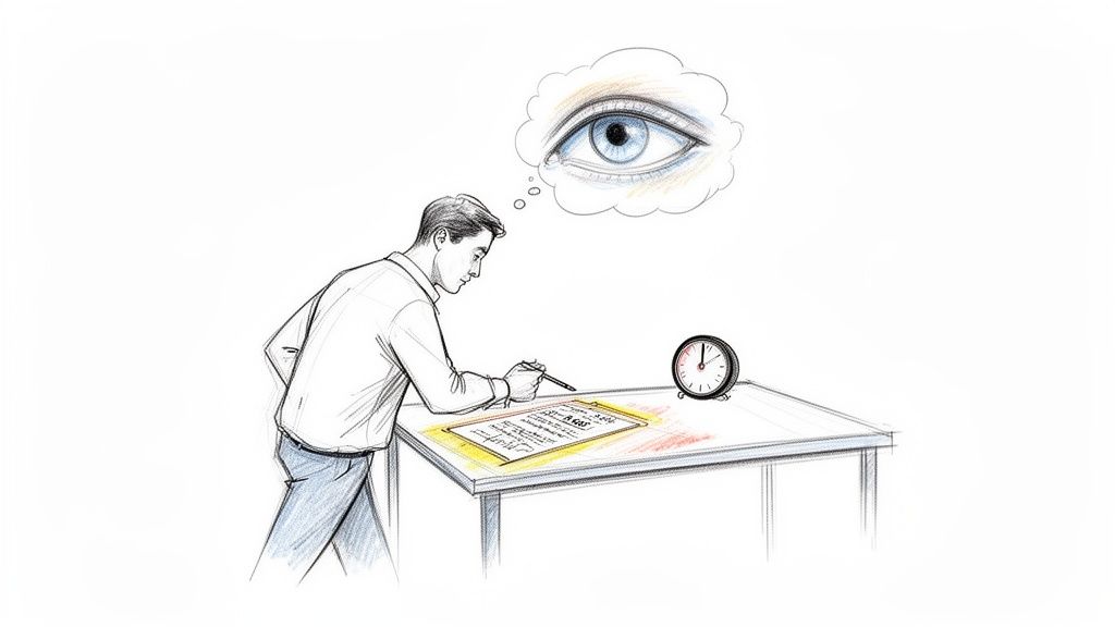 Man intently revising a document at a desk with a clock, contemplating with a watchful eye.