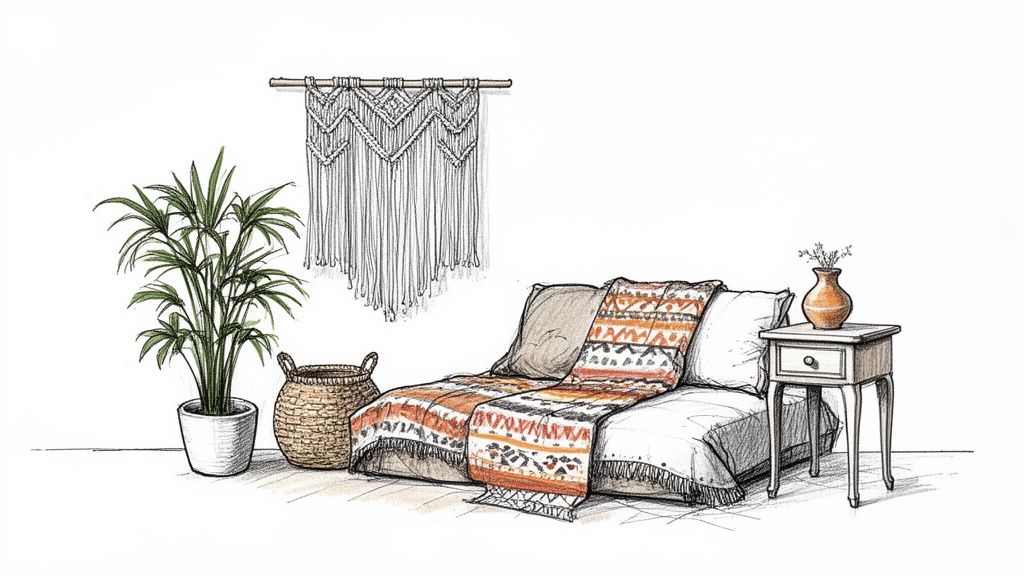 A cozy boho-style living space with a daybed, patterned blanket, macrame wall hanging, plant, and side table.