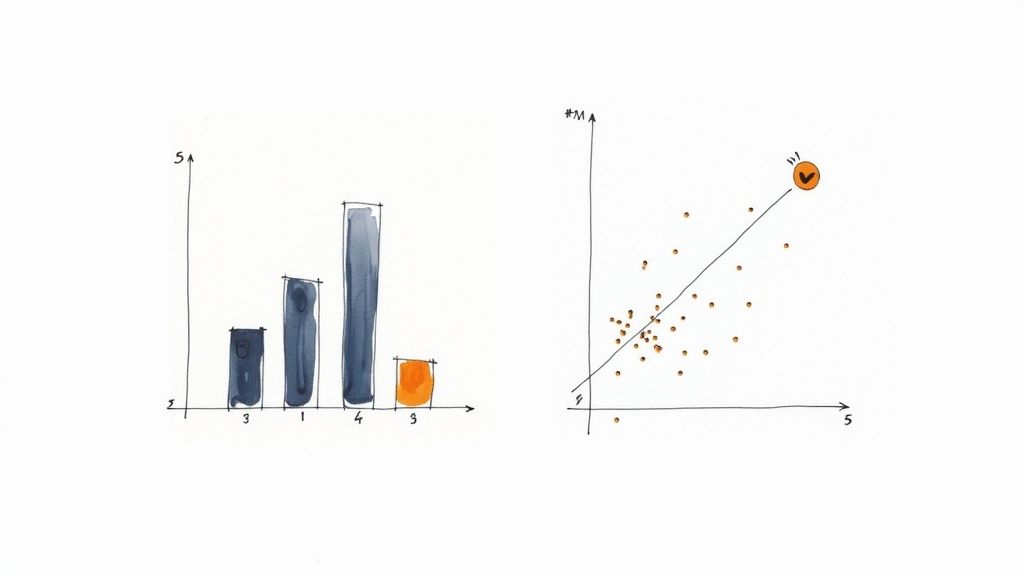 Two hand-drawn charts: a bar chart with varied bar heights and a scatter plot with many data points.