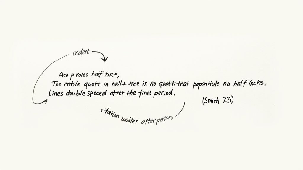 Handwritten instructions for block quotes, showing indenting, double spacing, and citation placement.