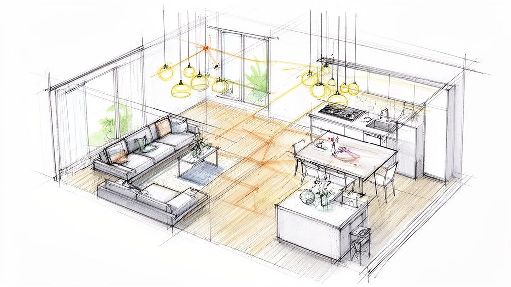 Detailed hand-drawn architectural sketch of an open-concept living room, kitchen, and dining area layout.