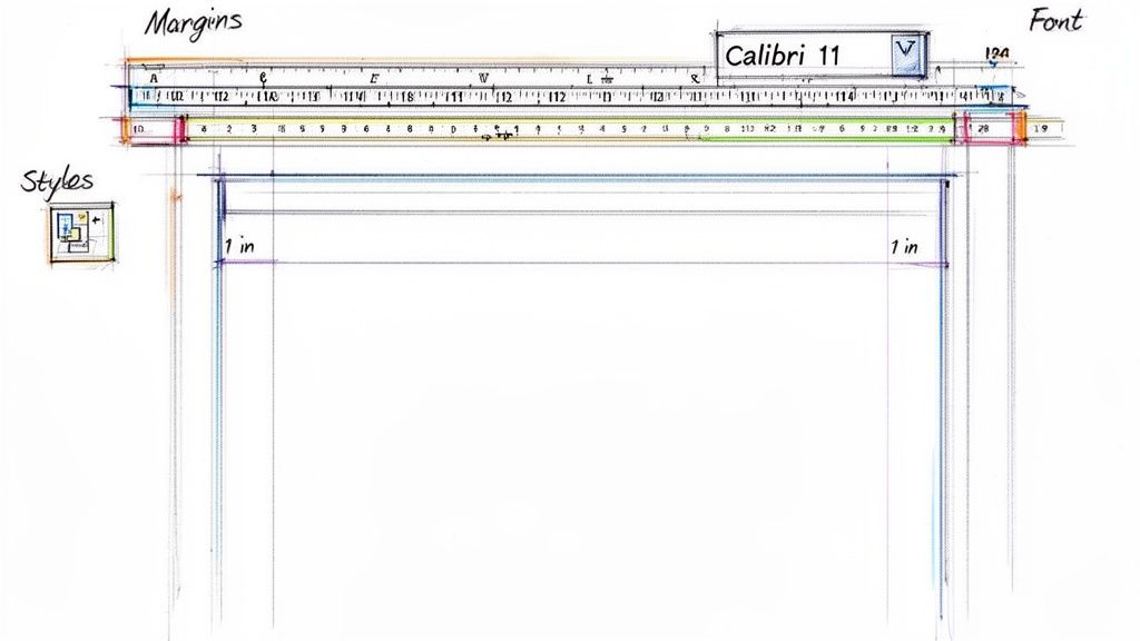 A hand-drawn diagram illustrating document formatting, including margins, a ruler, and font settings.