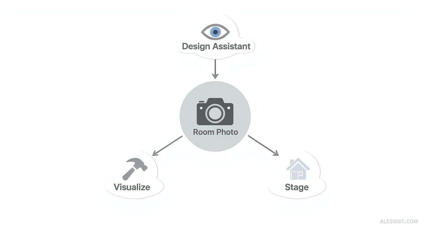 A flowchart showing a Design Assistant processing a room photo, leading to options for Visualize or Stage.