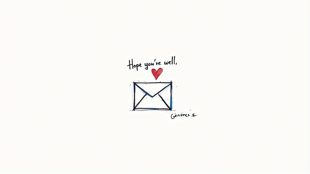 A professional smiling while writing an email, conveying warmth and sincerity appropriate for the "Hope You're Well" salutation.
