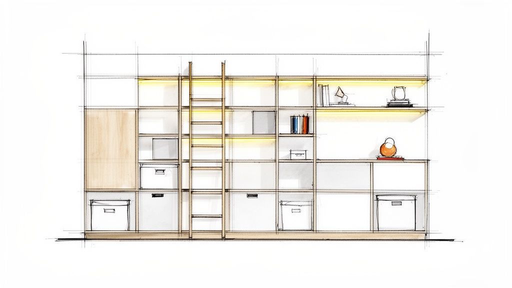 Architectural sketch of a modern, modular shelving unit with a sliding ladder and illuminated shelves.