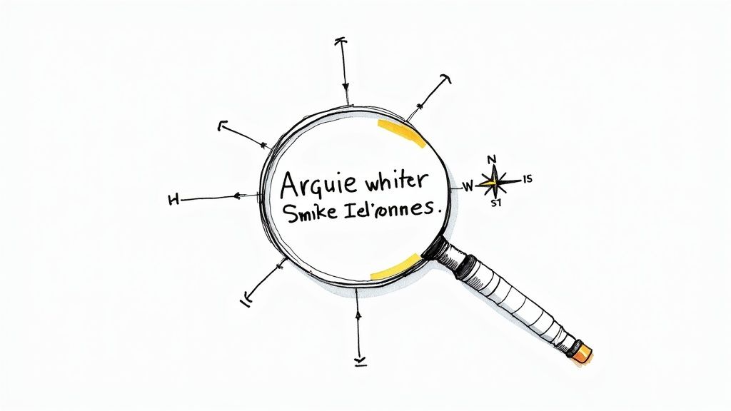 Magnifying glass examining white clay with arrows pointing outward showing analysis direction