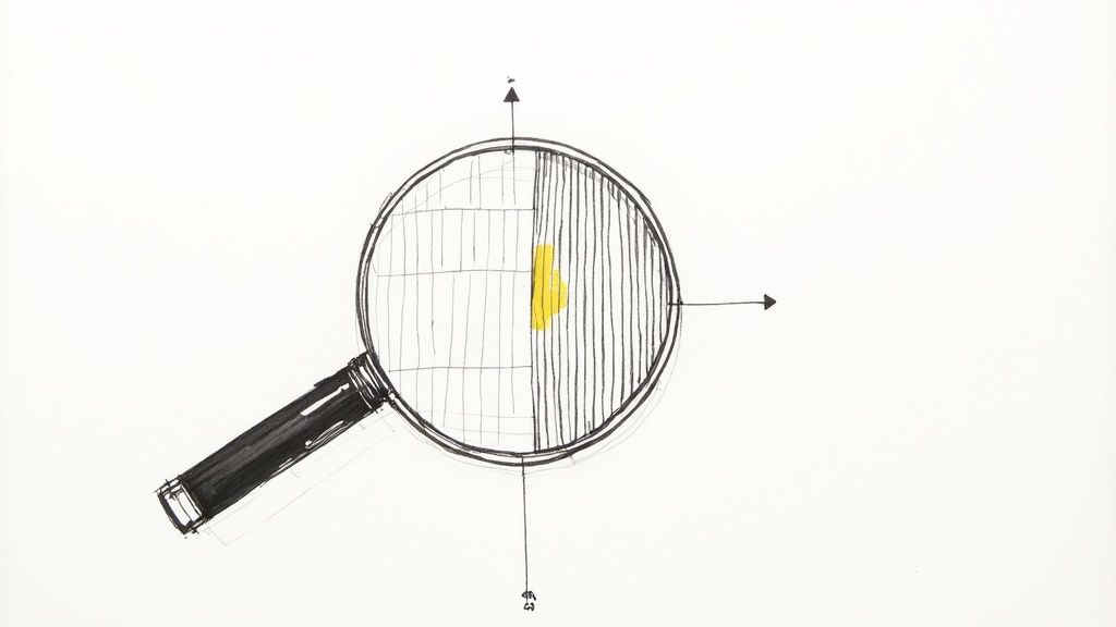 A magnifying glass inspects the fine details of written text on a page, illustrating linguistic analysis.