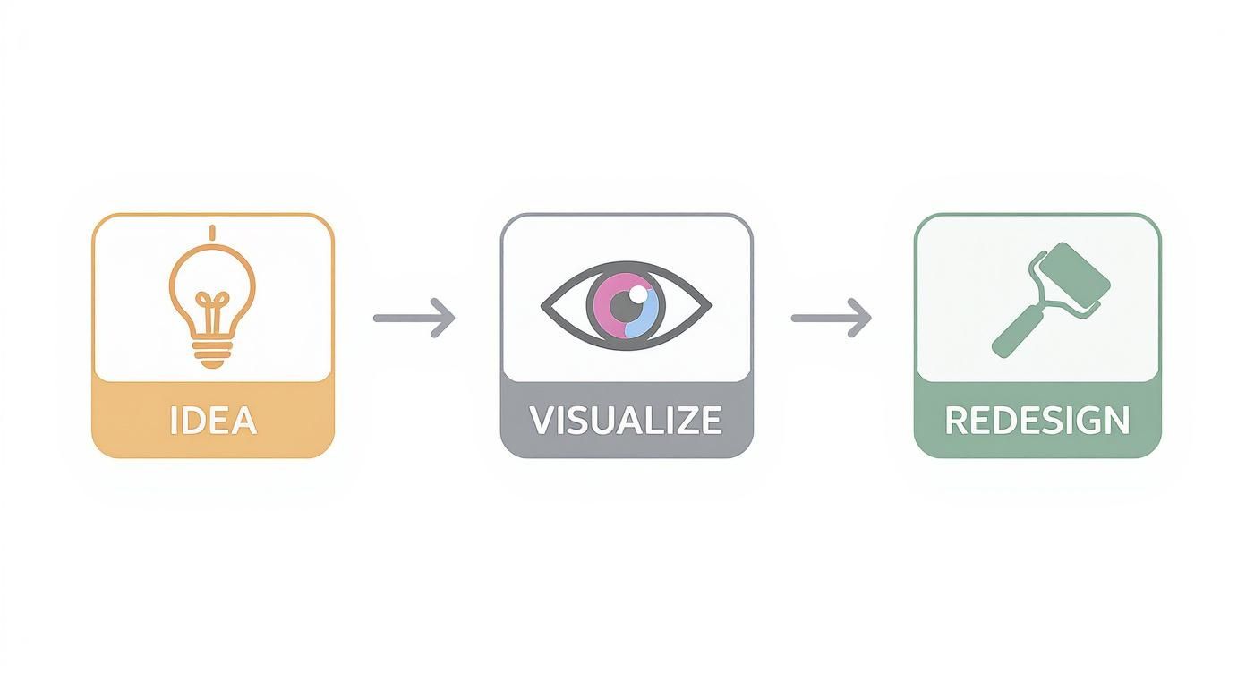 Graphic illustrating a creative workflow from idea generation to visualization and redesign.
