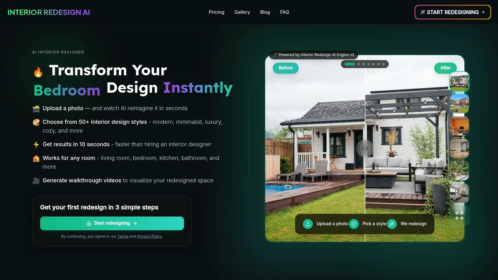 A split-screen image showing an original living room photo on the left and a photorealistic AI-generated redesign in a modern style on the right, created with Interior Redesign AI.
