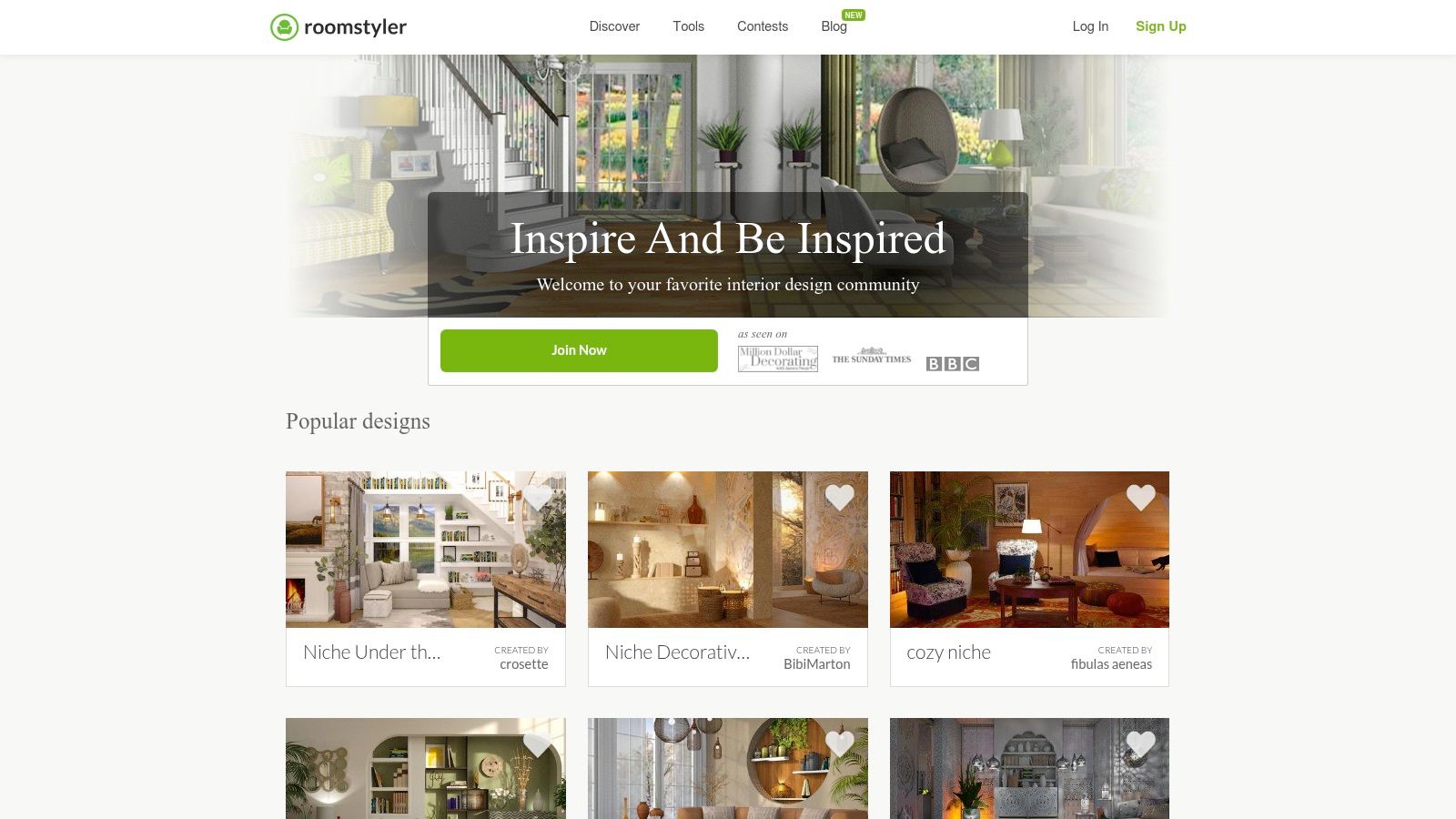 A bright, modern living room designed in Roomstyler, showcasing a variety of decor items and furniture available in the platform's catalog.