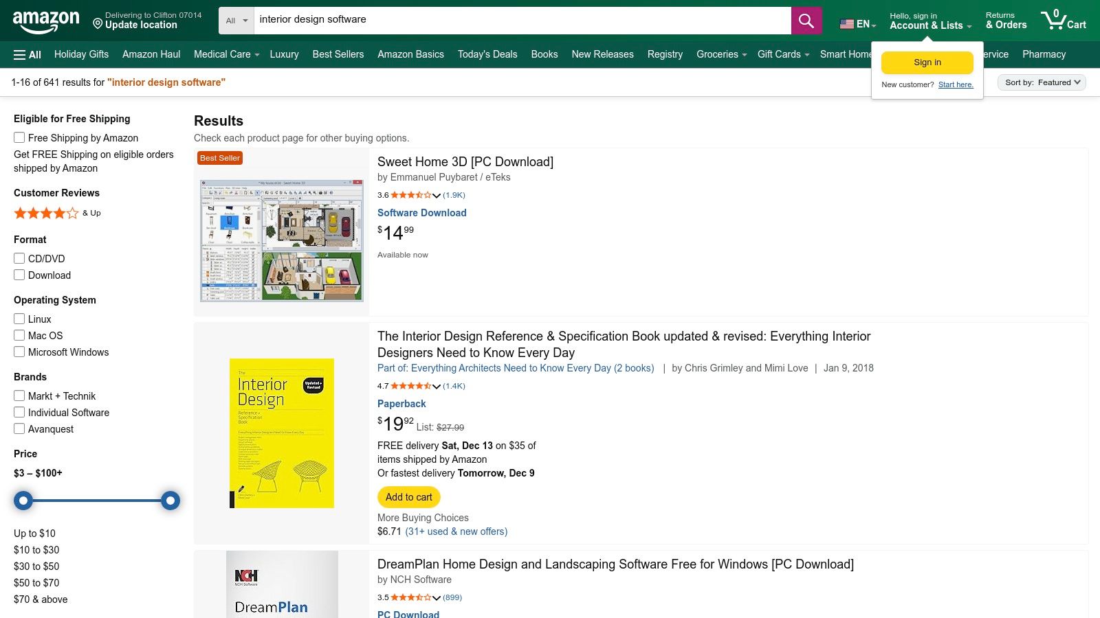 A screenshot of the Amazon search results page for "interior design software," showing various product listings with ratings and prices.