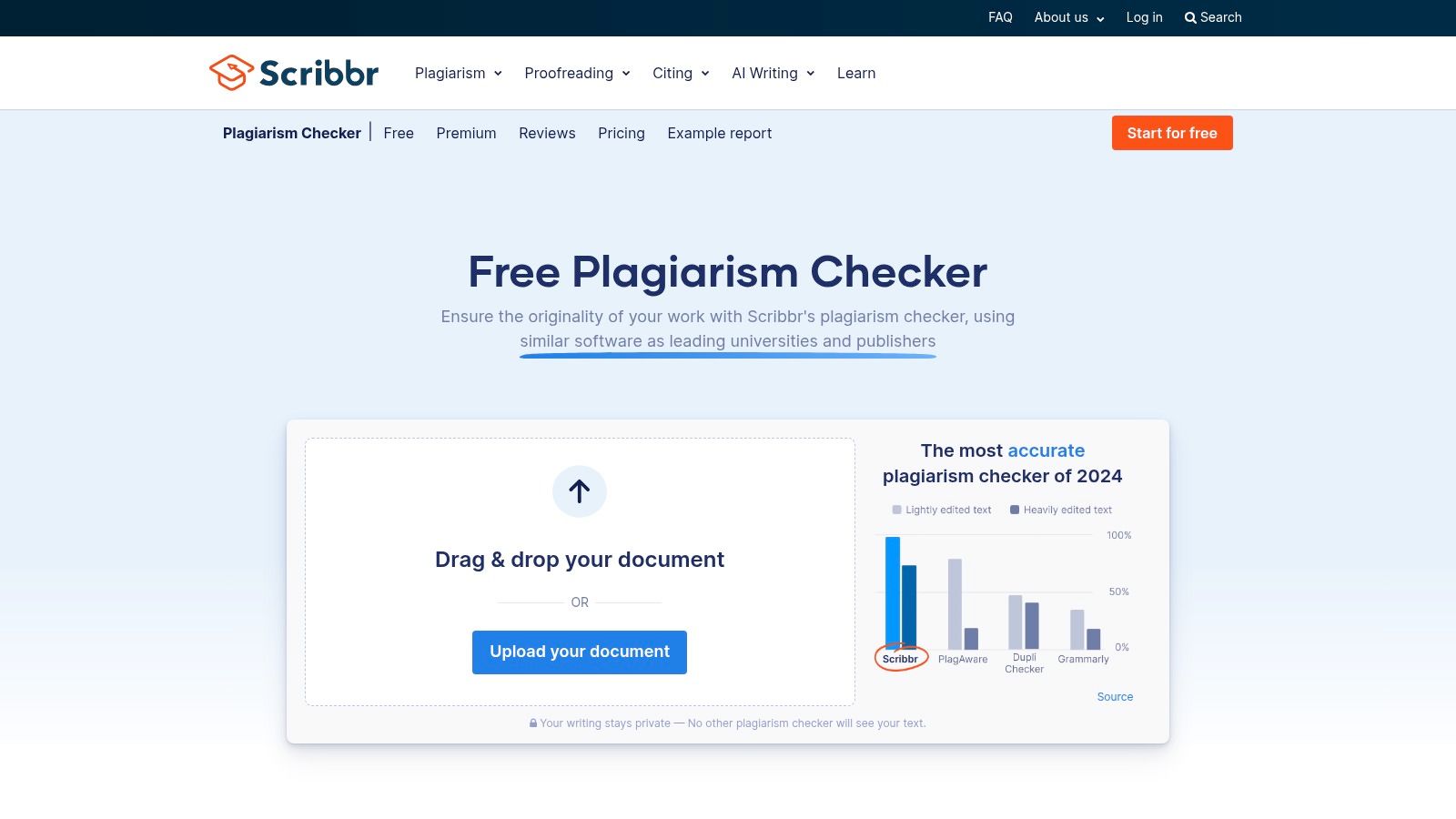 Scribbr — Free Plagiarism Checker (plus paid per-document)