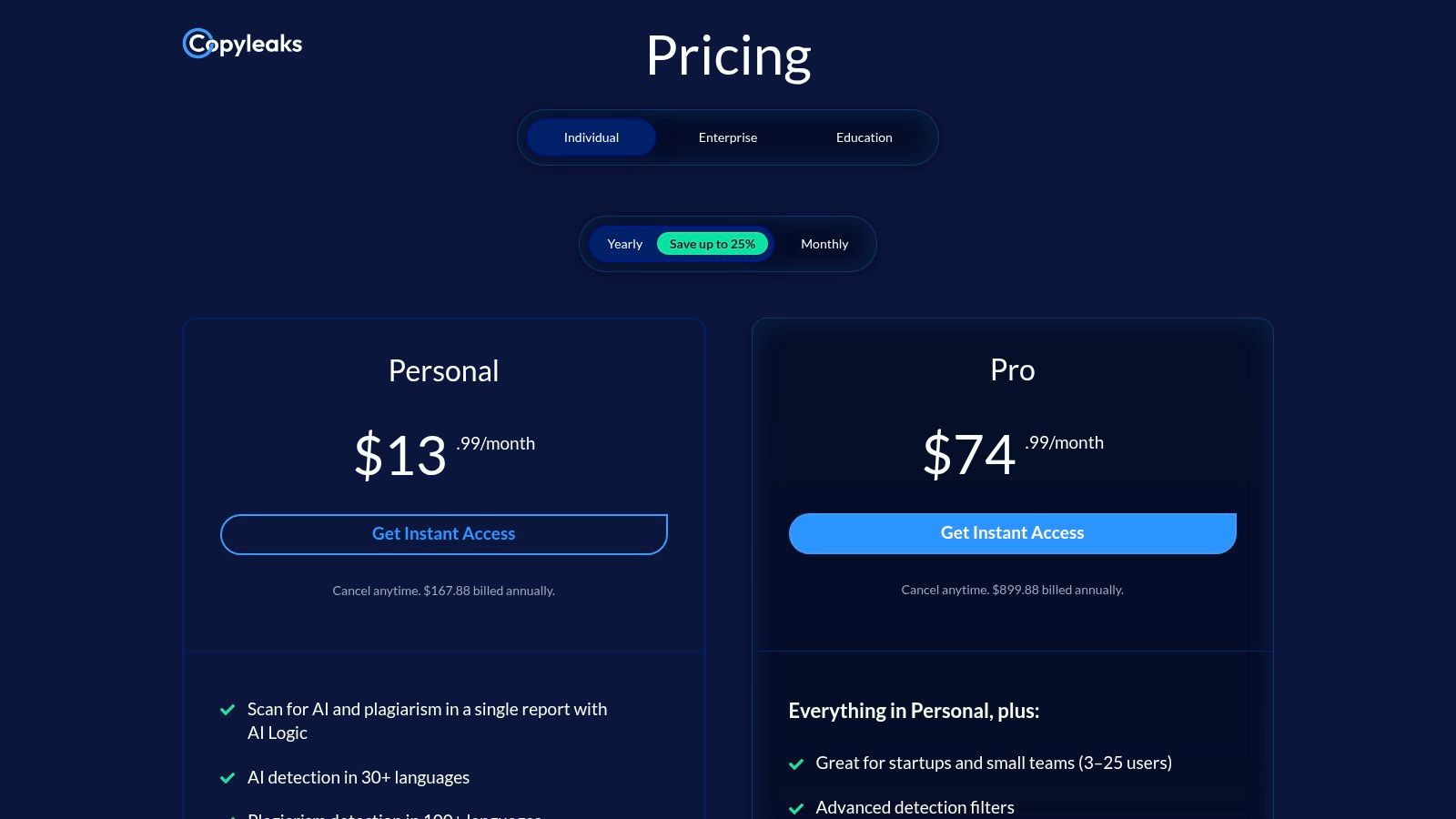 Copyleaks pricing plans and features