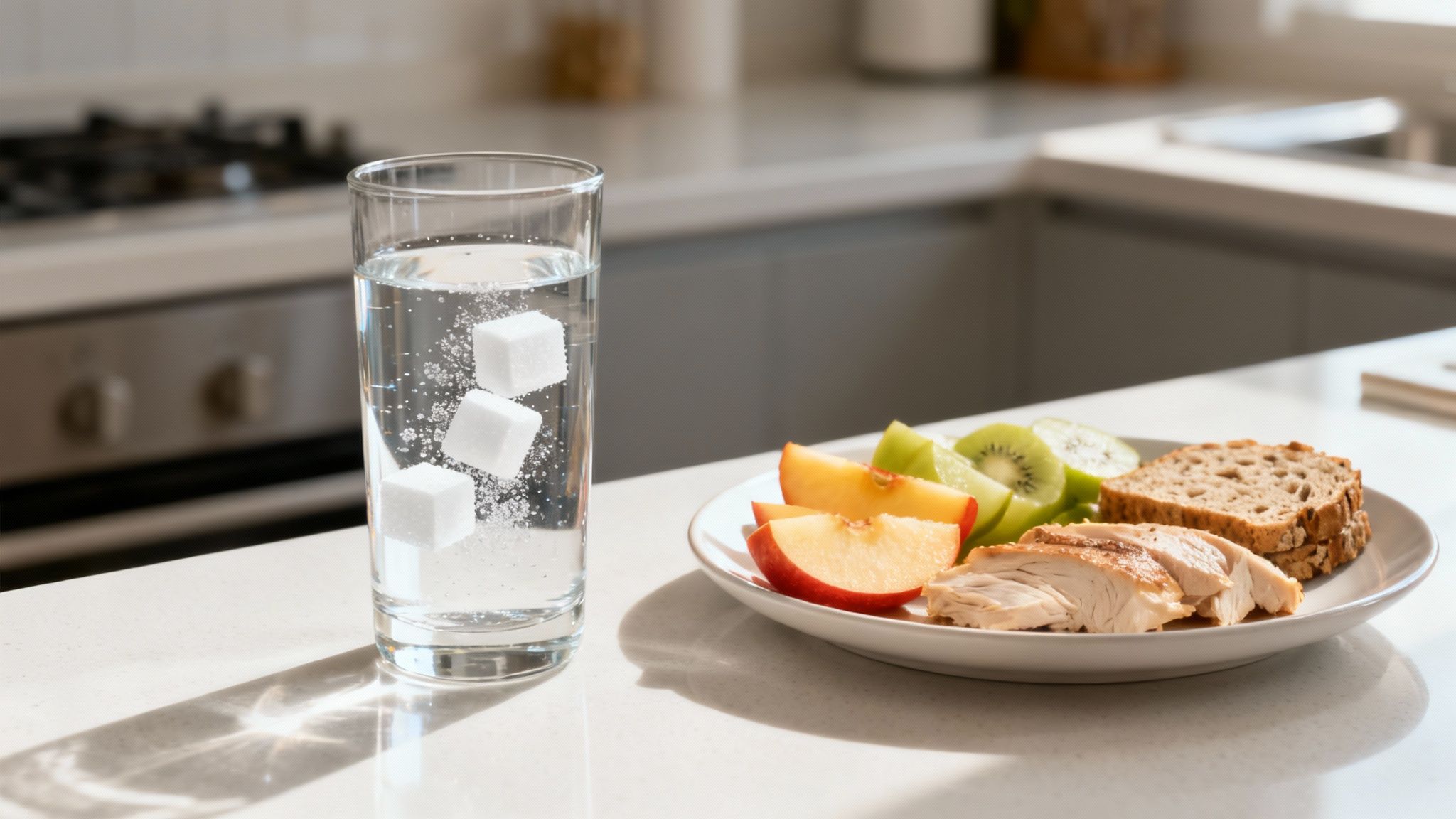 A person drinking a glass of water, with fresh fruit and a healthy meal on the table beside them.