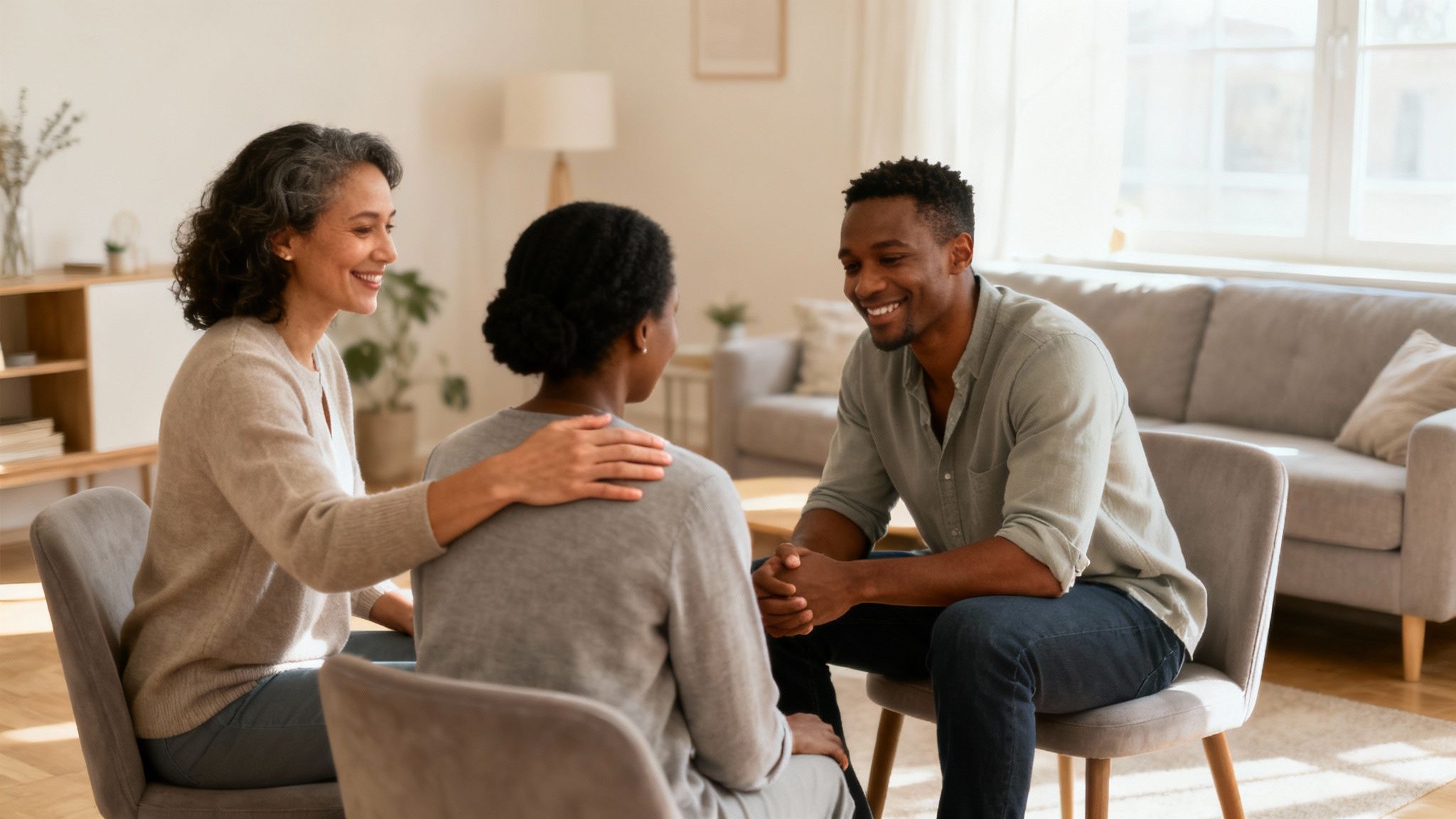 Group of diverse friends sitting together, talking and supporting each other.