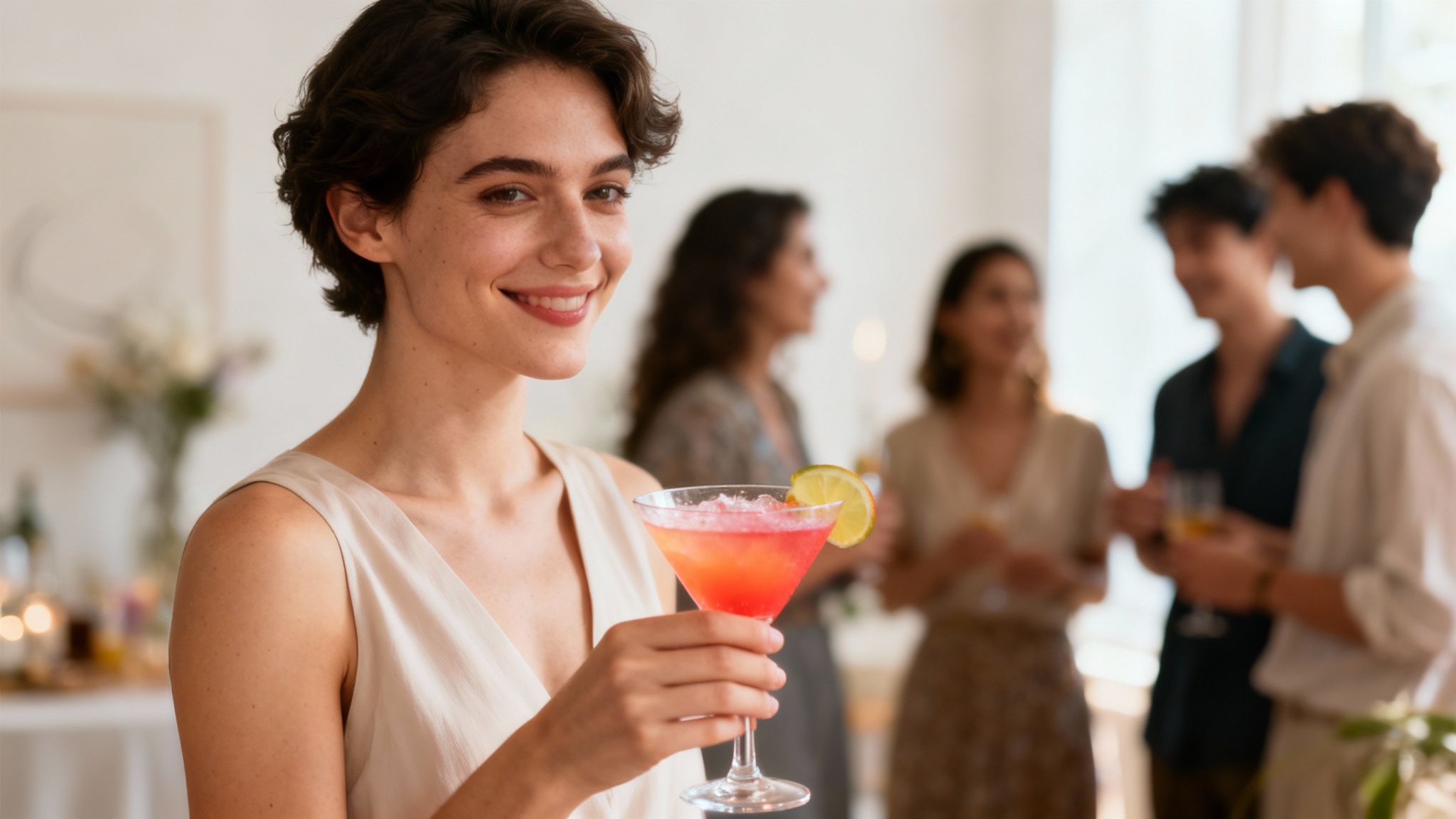 A group of friends laughing together, holding non-alcoholic drinks.