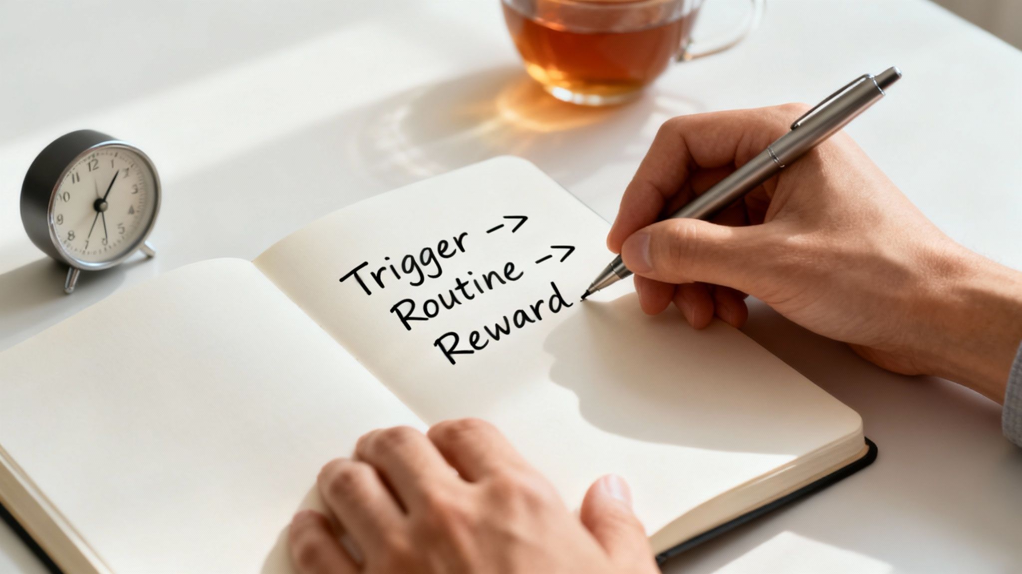 A person journaling with a thoughtful expression, surrounded by small icons representing different triggers like stress, time, and location.