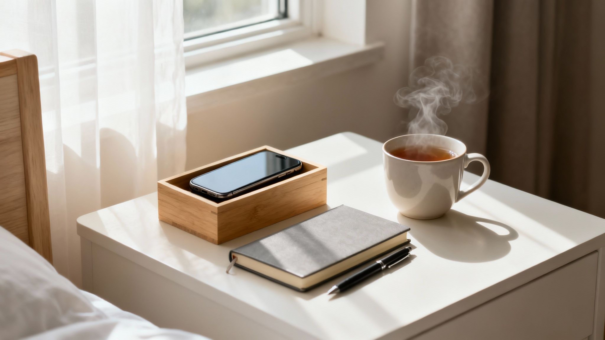 A person mindfully putting their phone away to focus on a real-world hobby.