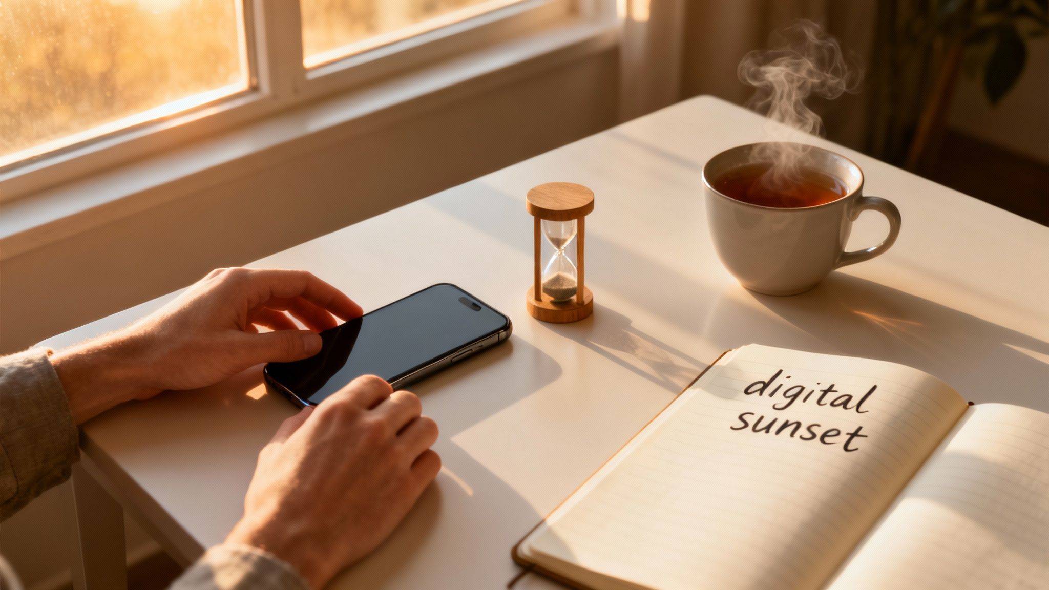 A person meditates in a calm, sunlit room, with their phone placed face down and out of reach.