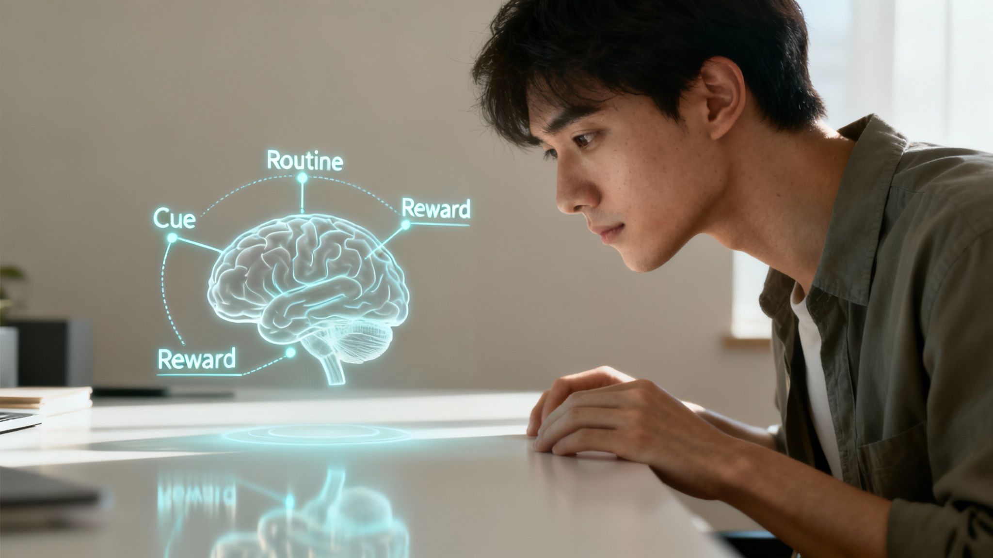 A person looking thoughtfully at a complex web of neural pathways, symbolizing the brain's habit loops.