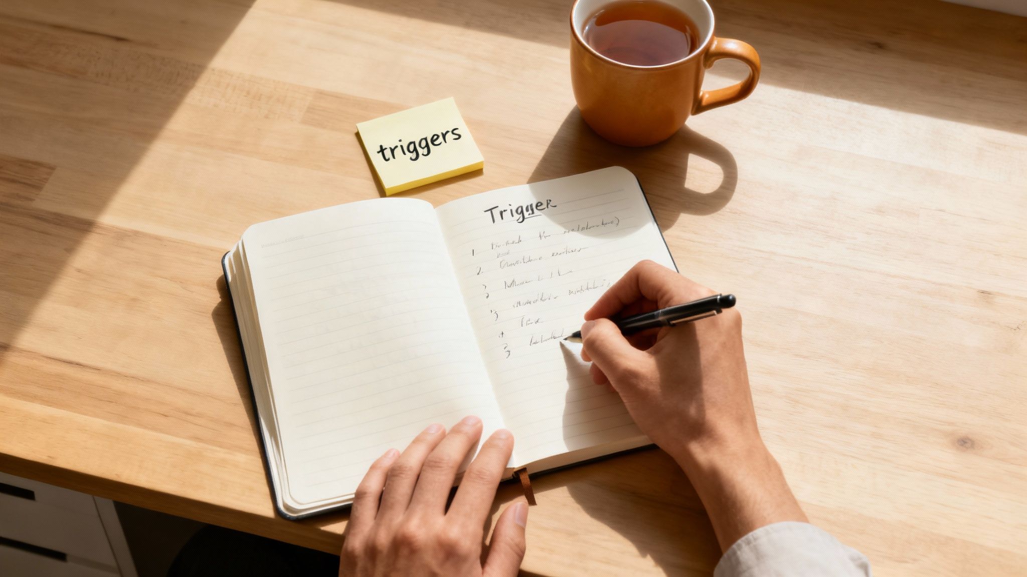 A person is journaling in a notebook, reflecting on their thoughts and feelings.