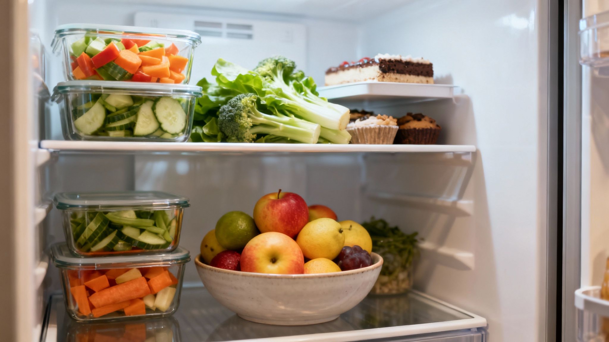 A well-organized refrigerator with healthy foods like fruits and vegetables placed at eye level.