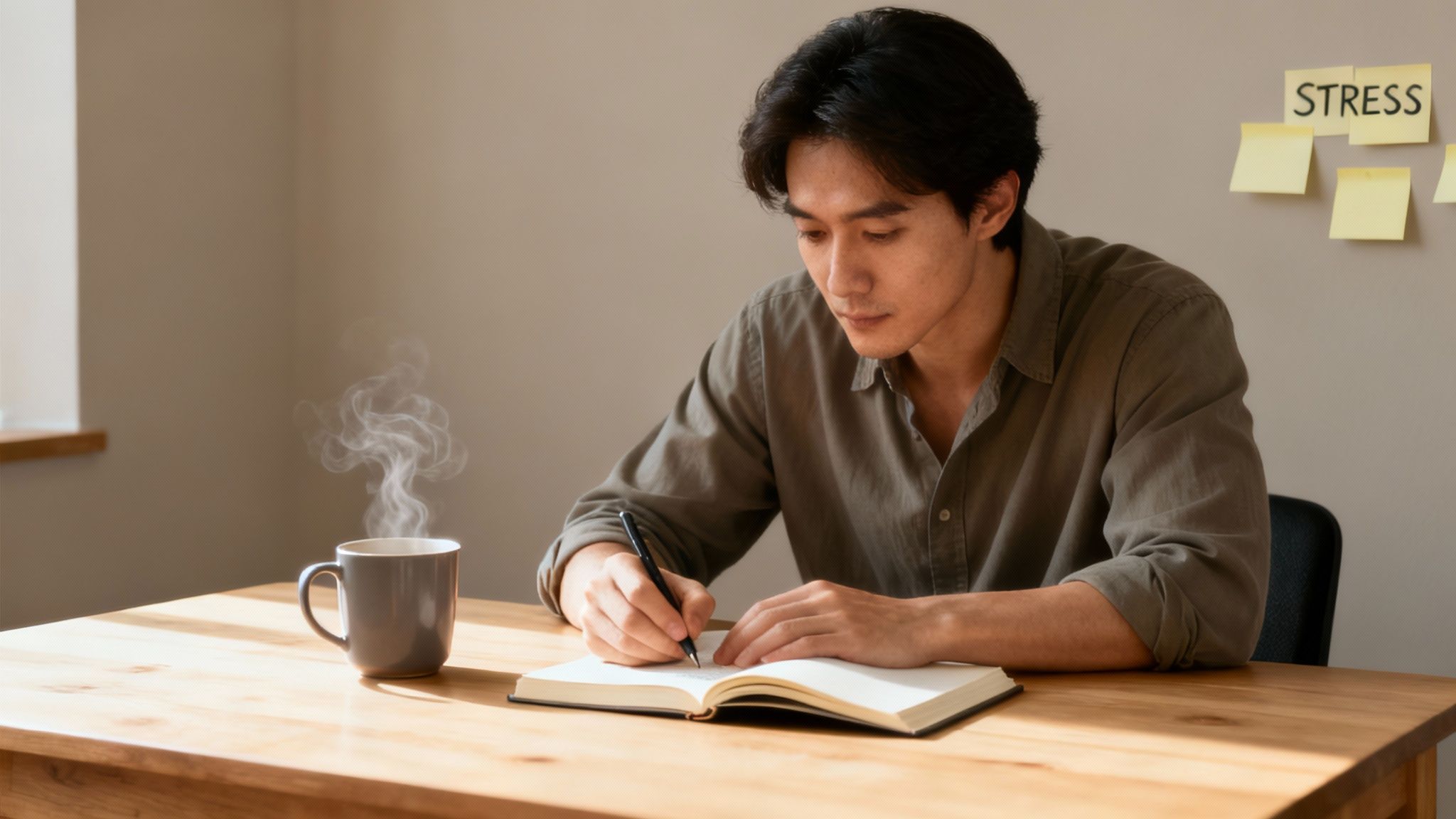 A person sitting at a desk with a journal and pen, looking thoughtfully out a window.