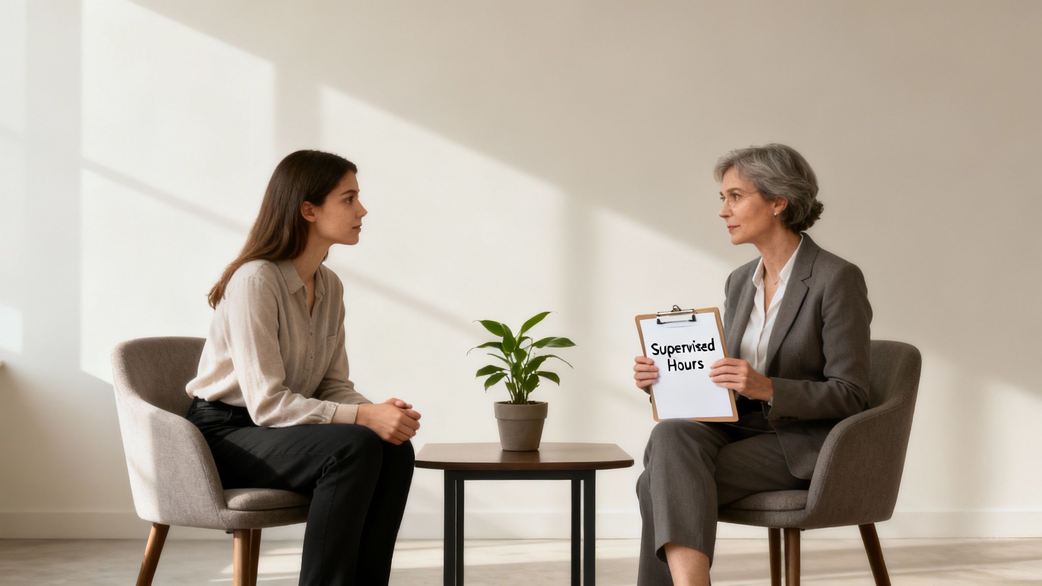 Counselor taking notes during a session with a client.