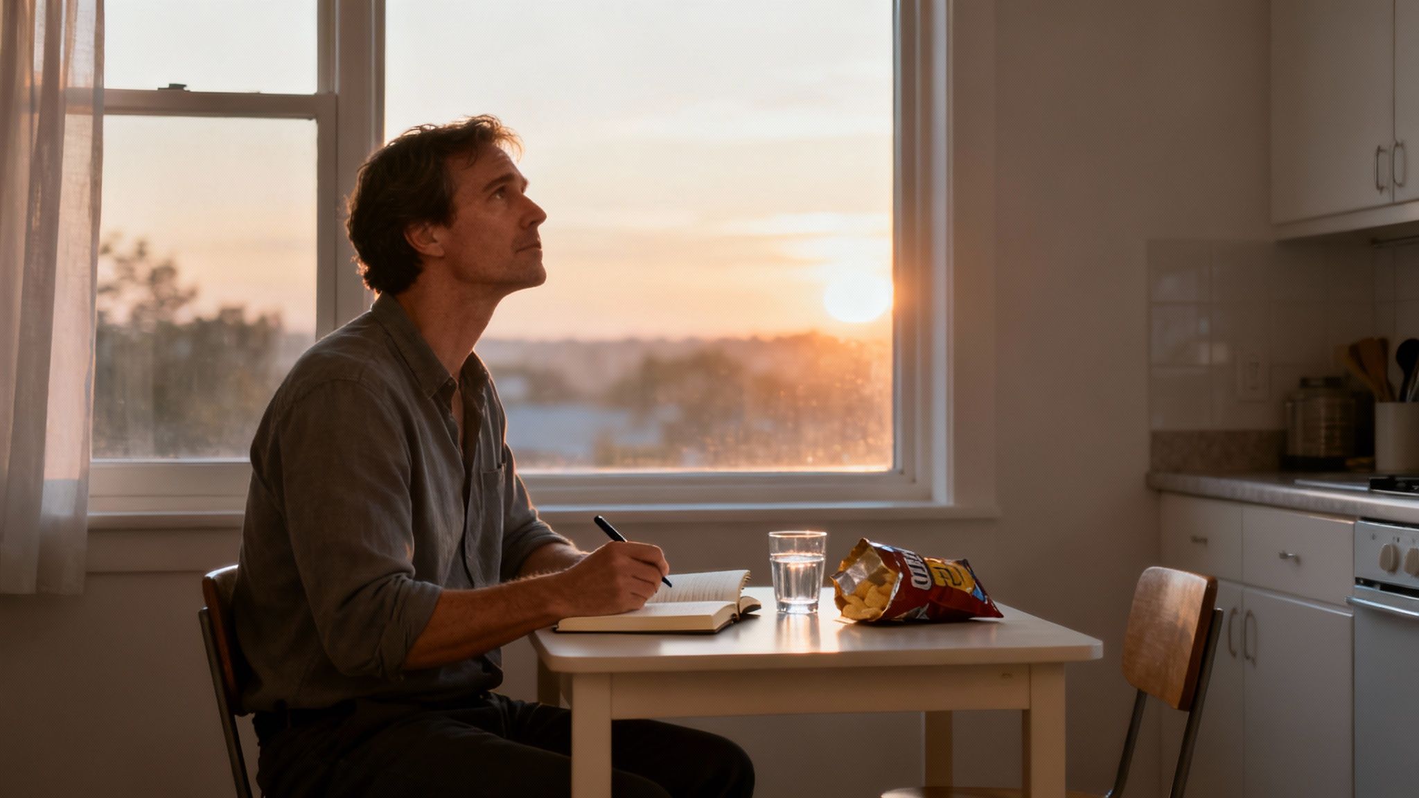A person thoughtfully looking at a bowl of fresh salad, considering their food choices.