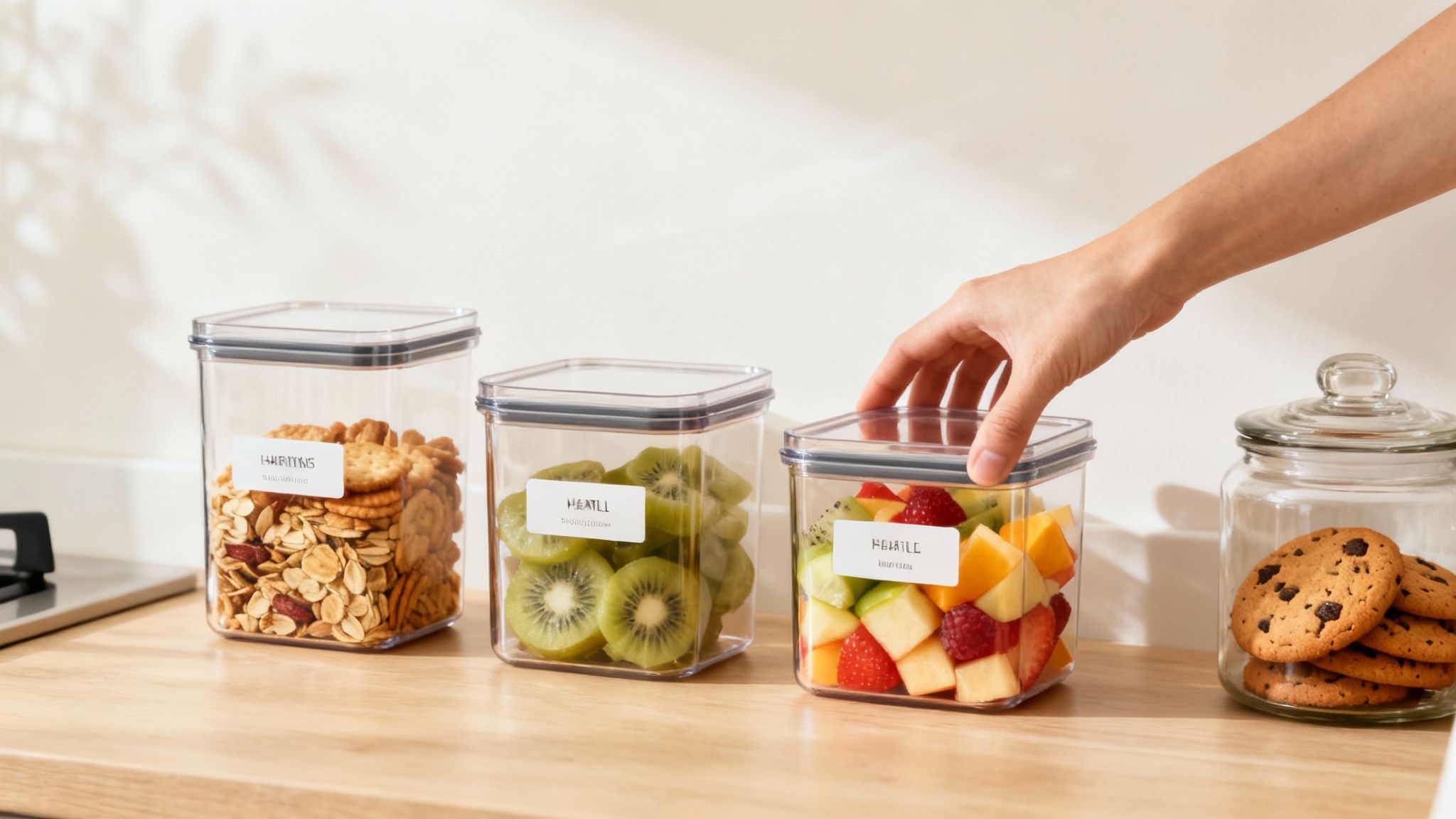 A person preparing healthy snacks with fresh fruits and nuts in a bright kitchen.