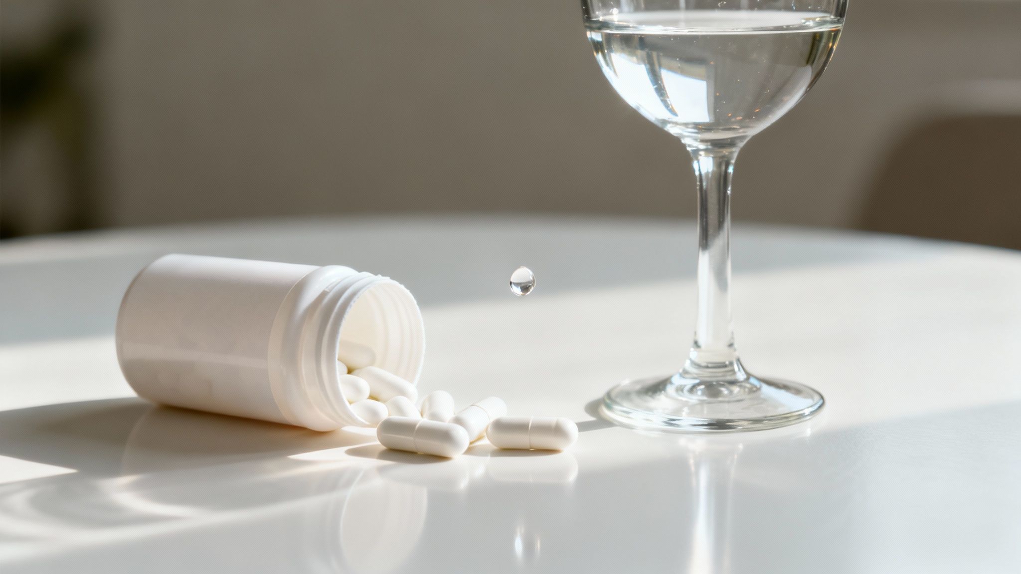 A glass of whiskey and a bottle of pills on a wooden table, symbolizing the choice between alcohol and medication.