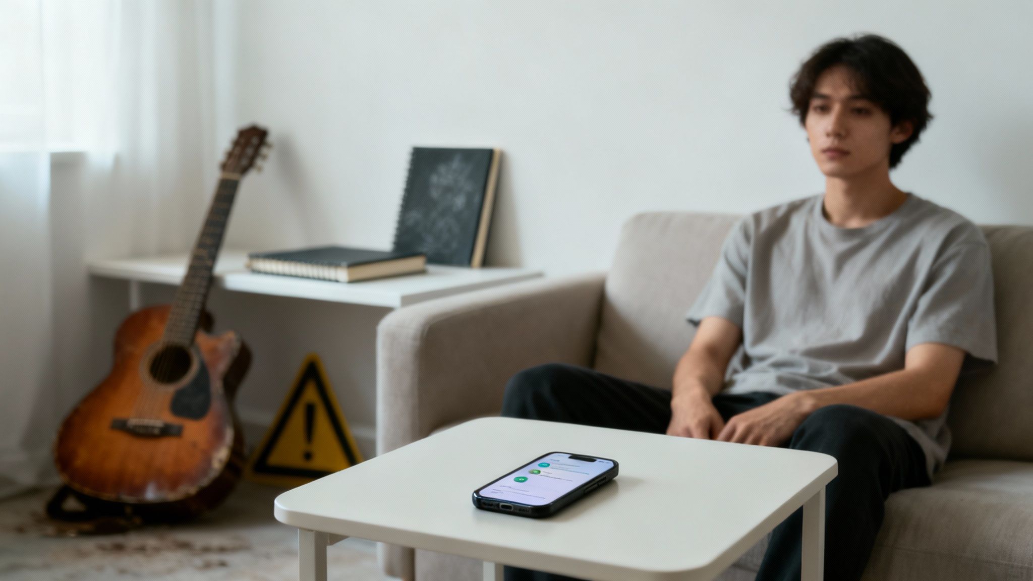 A person sitting alone in a dim room, illuminated only by the light of their smartphone, looking anxious.