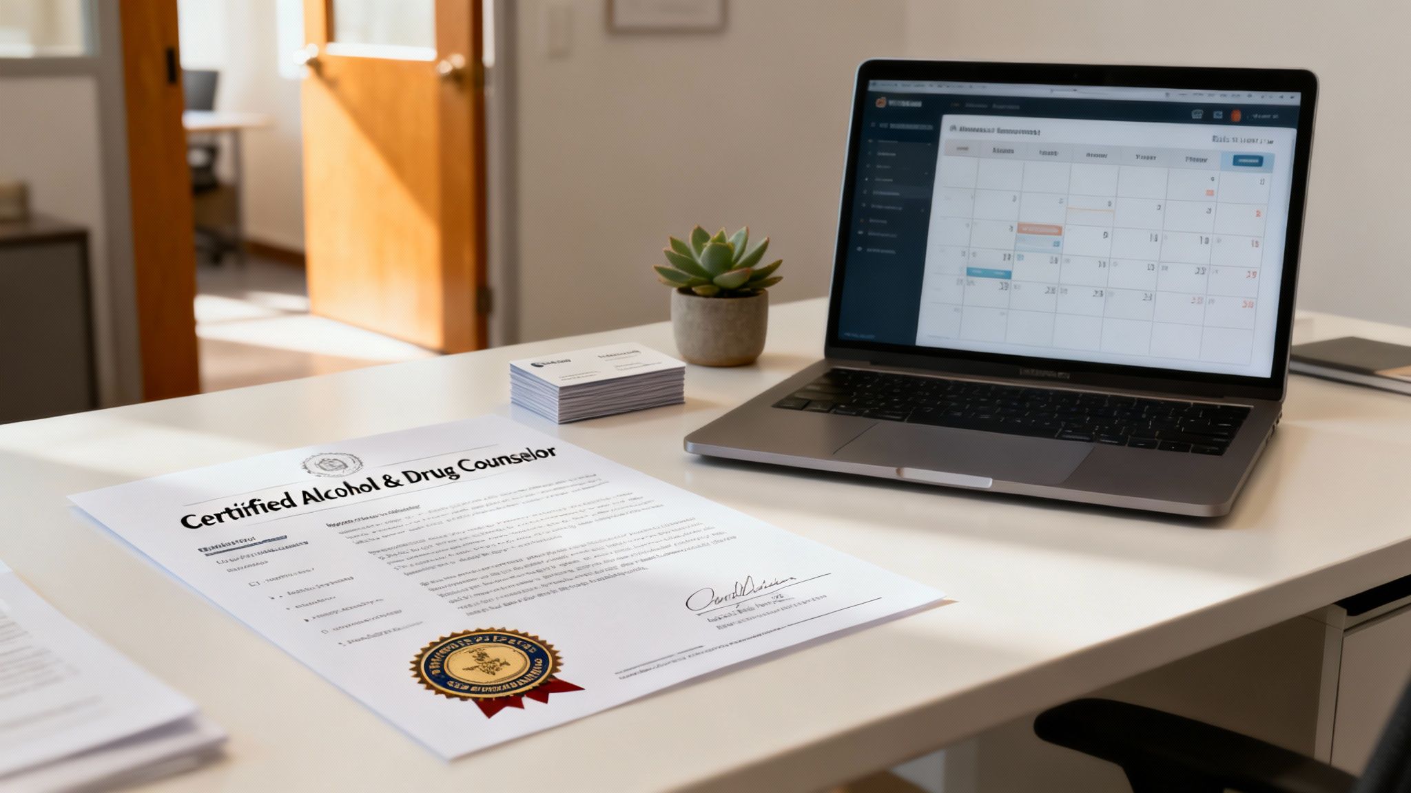 Counselor and client shaking hands in a bright, modern office setting.