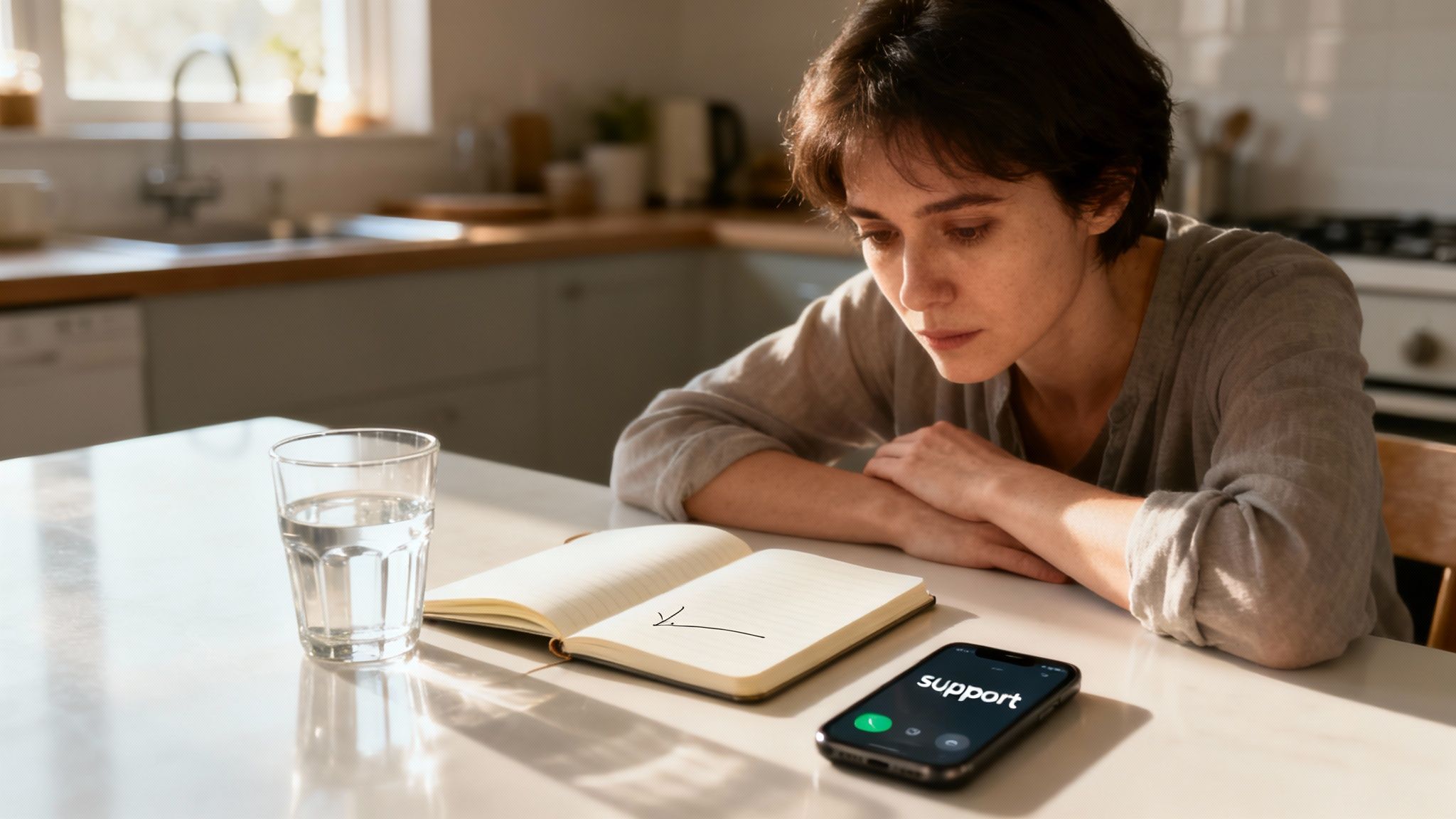 A person sitting on a dock by a calm lake, looking thoughtful and peaceful, representing the start of a sober journey.