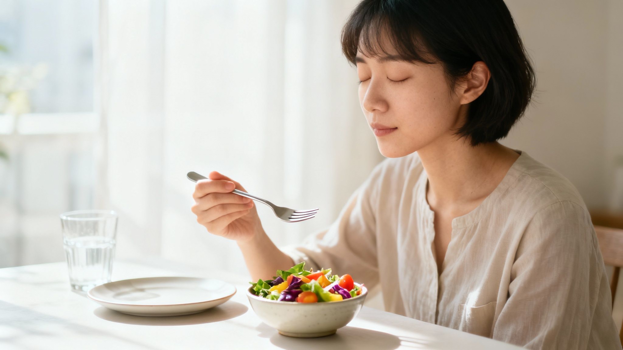 A person sitting at a table, mindfully eating a healthy meal with full attention.