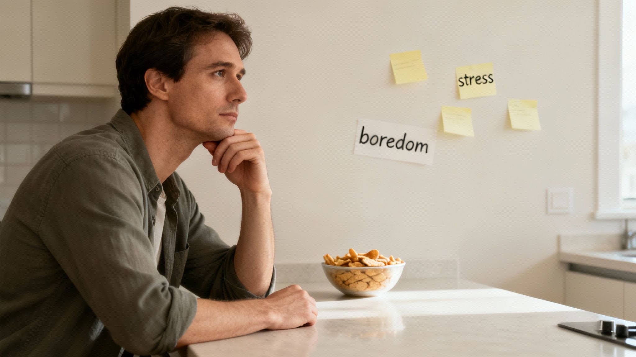 A person looking thoughtfully at a bowl of food, considering their eating habits.
