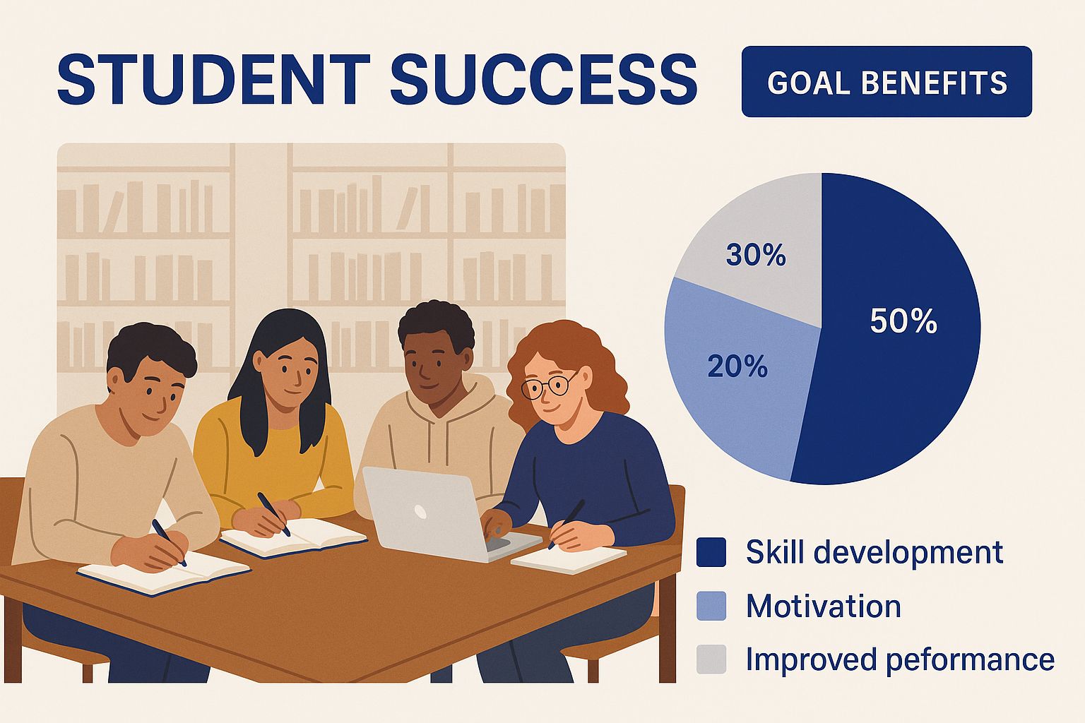 Infographic showing a group of diverse students studying together at a library table, with a text block titled 'Goal Benefits'.