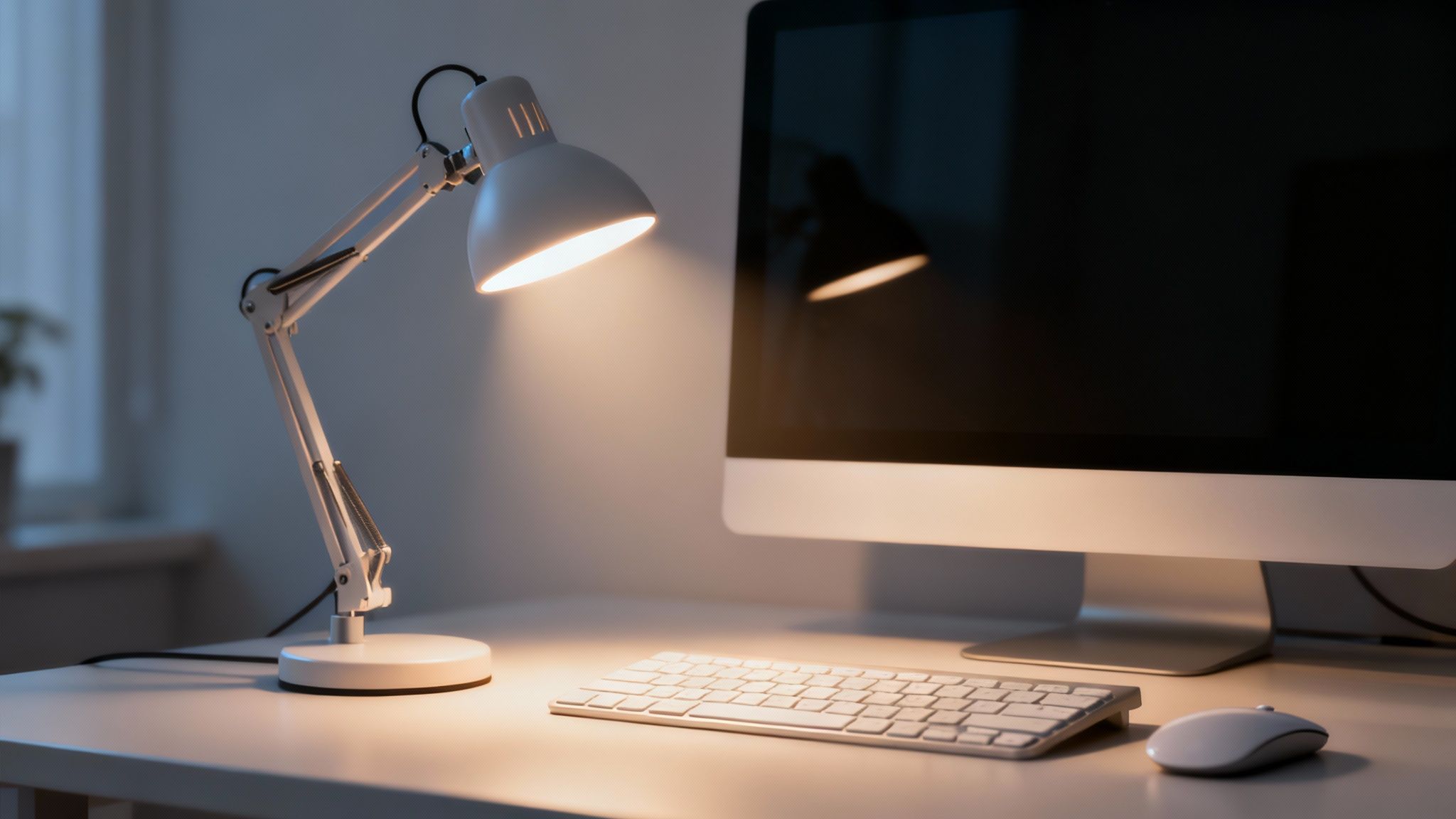A sleek monitor light bar illuminating a keyboard and desk without causing screen glare.