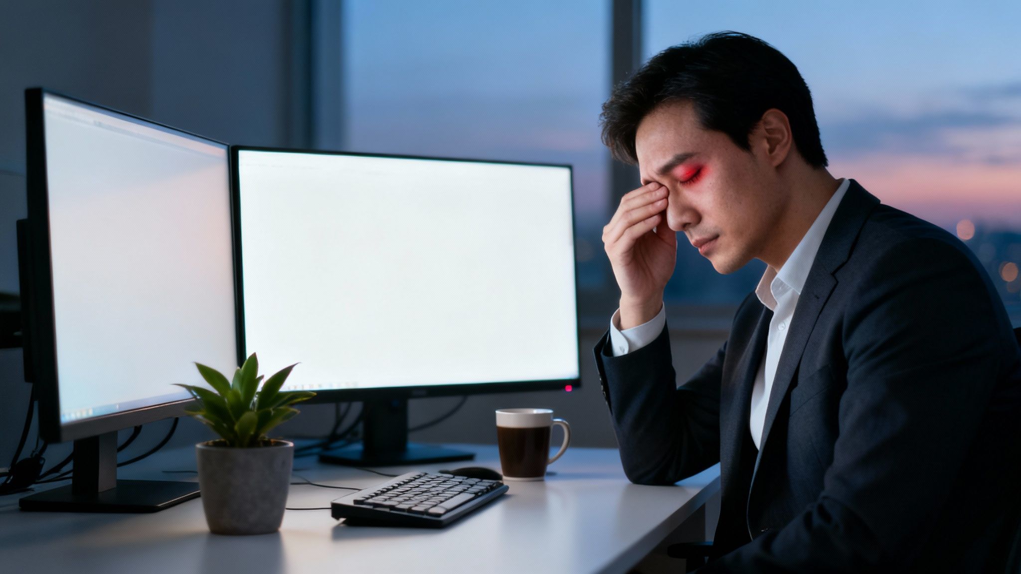 A person looking at a laptop with a thoughtful expression, representing digital eye strain.