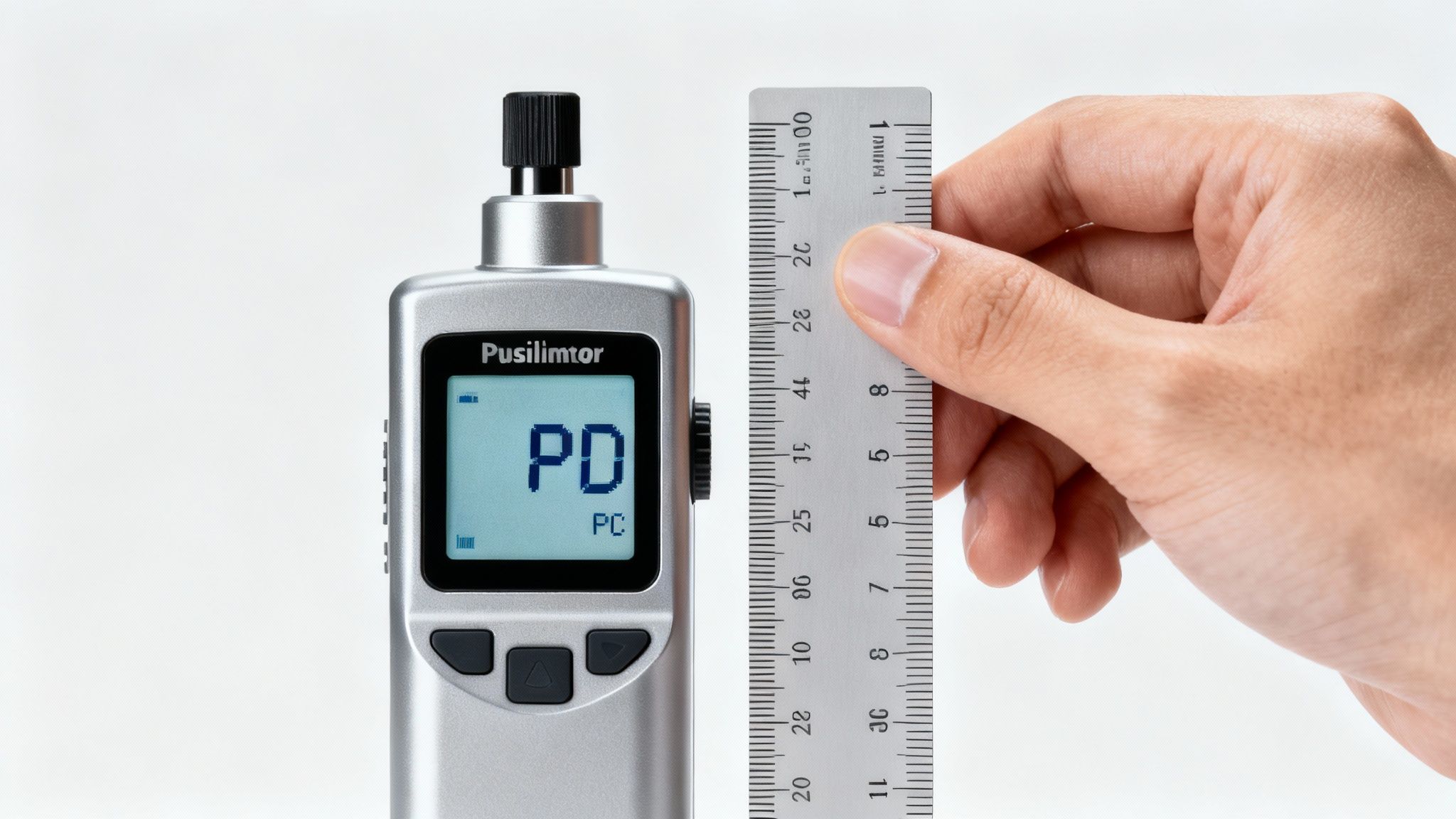 An optometrist using a digital pupillometer to measure a patient's pupillary distance.