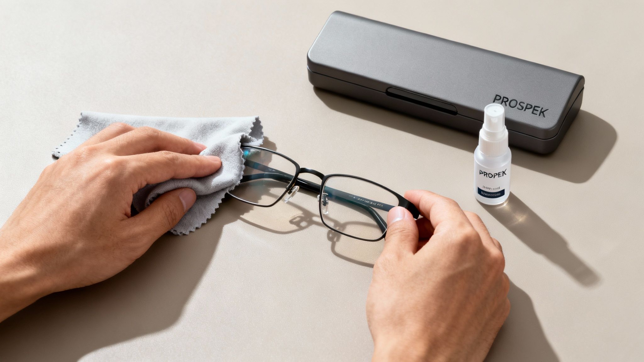 A person gently cleaning their computer glasses with a microfiber cloth.