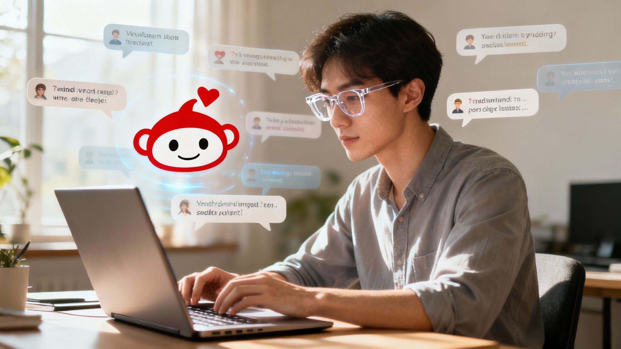 A person sitting comfortably in a chair, browsing Reddit on their phone while wearing blue light glasses.