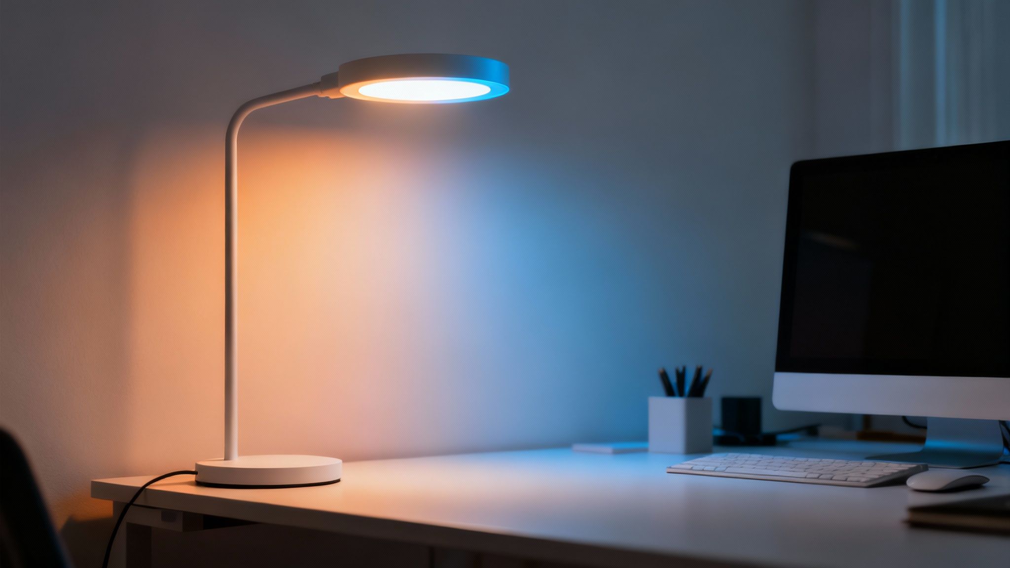 A modern, flicker-free LED desk lamp creating a stable light source over a computer workspace.