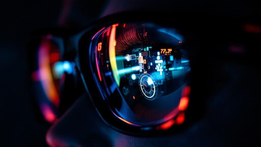 A close-up view of a human eye, showing the pupil dilated in low light, reflecting a dark road ahead.