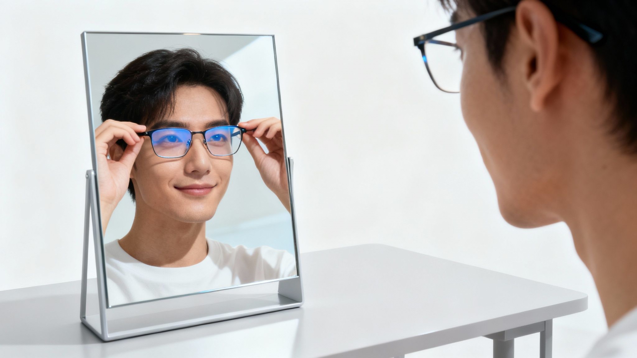 A person trying on stylish glasses in an optical shop.