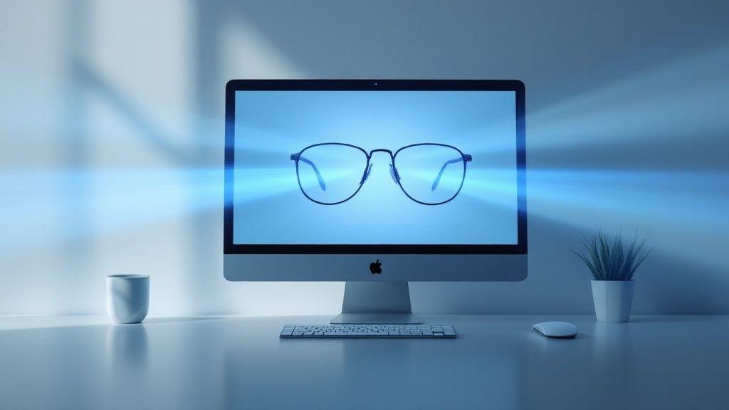 Person holding a pair of stylish blue light blocking glasses.