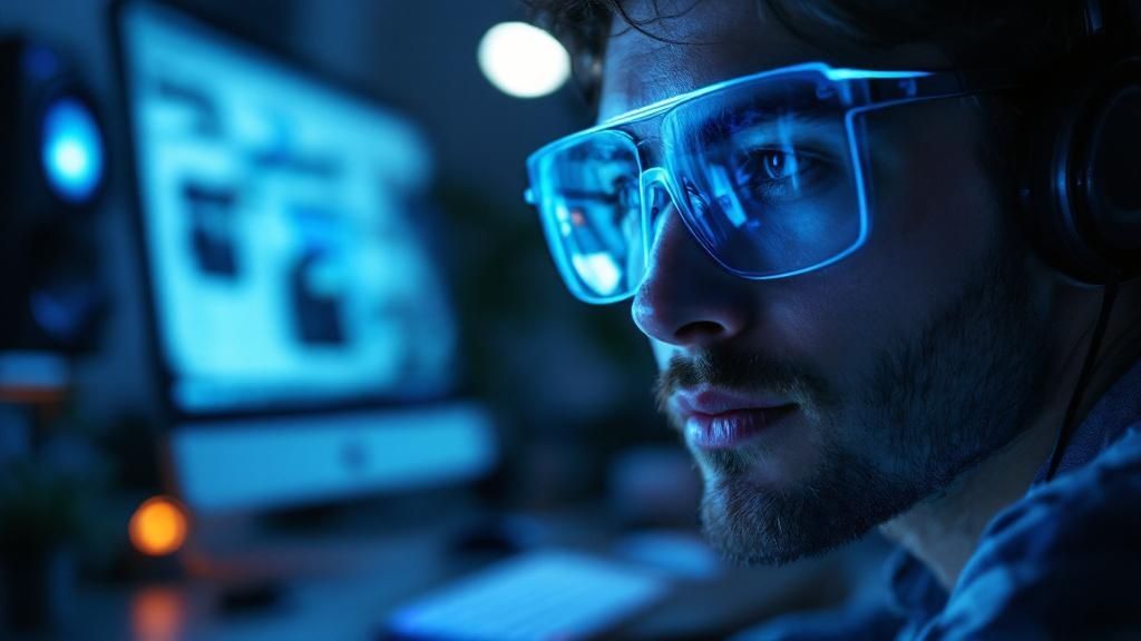 A person wearing glasses while working on a computer, looking focused and comfortable.