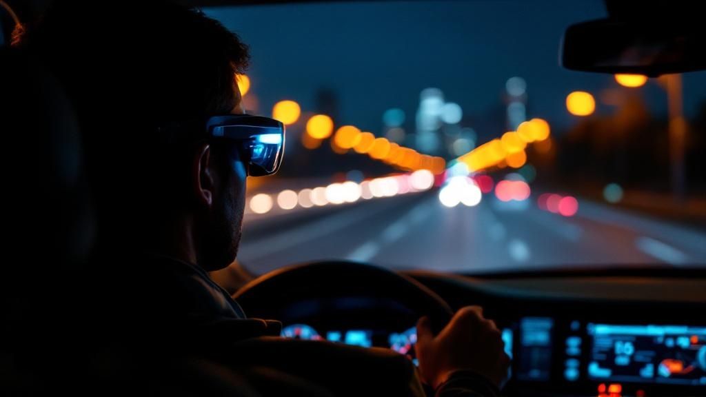 A person wearing night vision driving glasses, with the view split to show with and without the glasses' effect