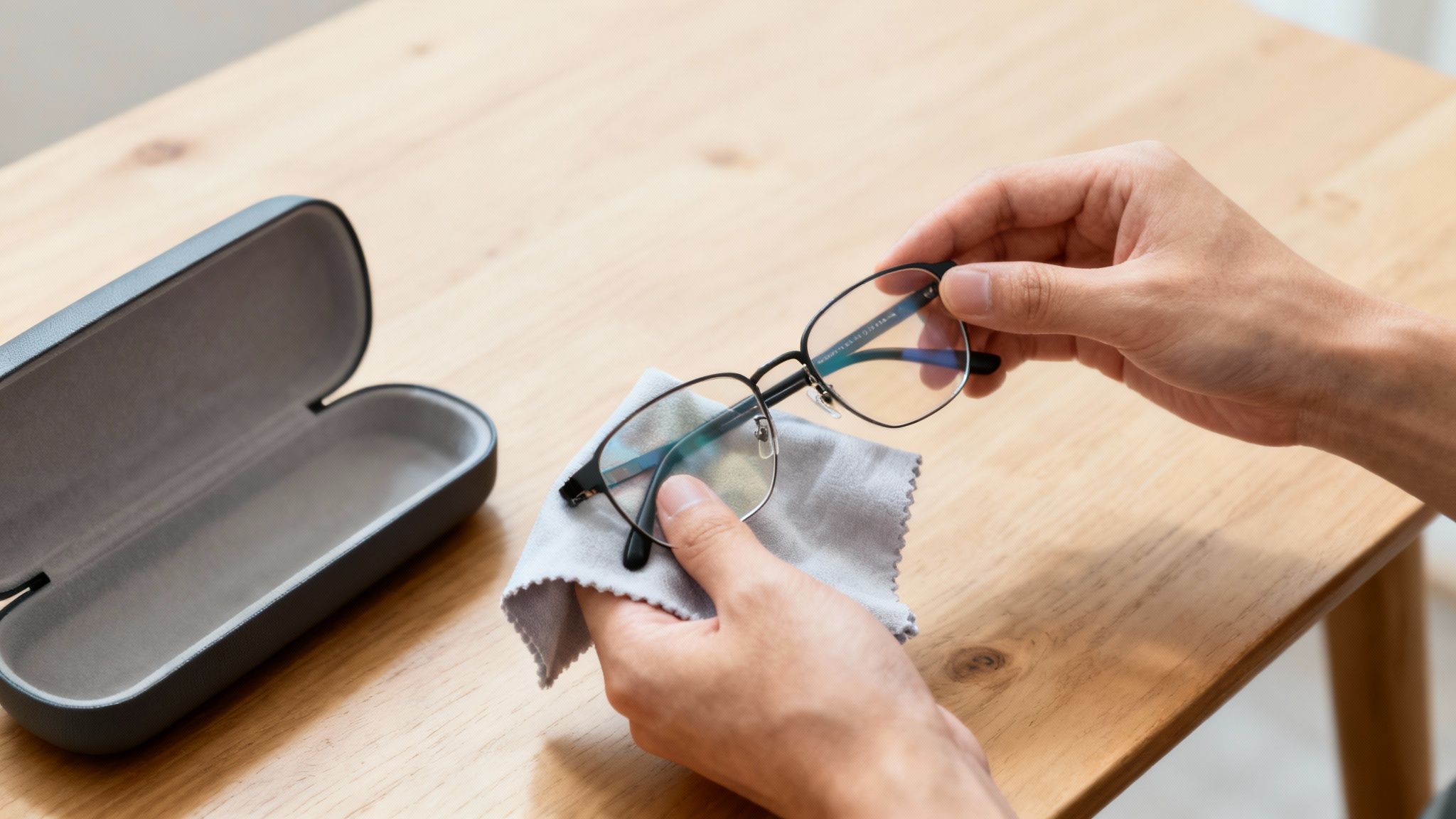 A person gently wiping their anti-reflective glasses with a microfiber cloth.