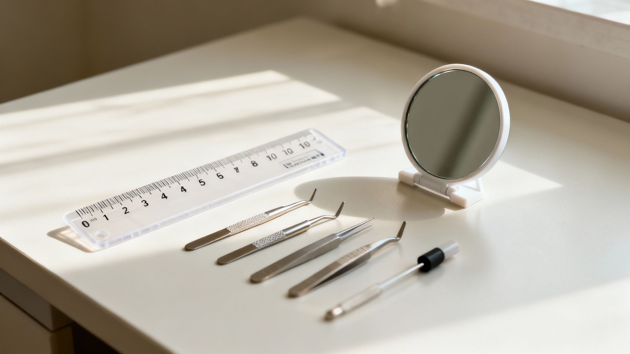 A person holding a ruler up to their face in front of a mirror, ready to measure their PD.